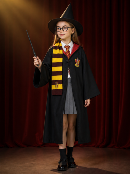 Kids Wizard Costume Set With Hooded Robe, Hat, Glasses, Wand, Scarf And Tie back view