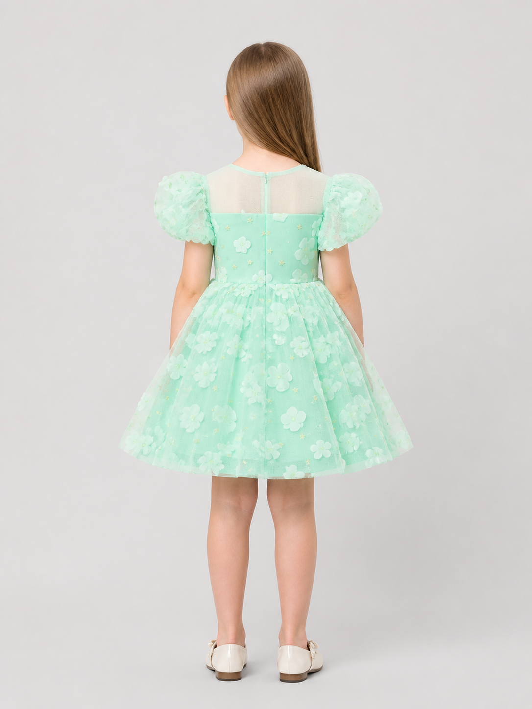 Mint Princess Dress for Girls with a Tulle Skirt back view