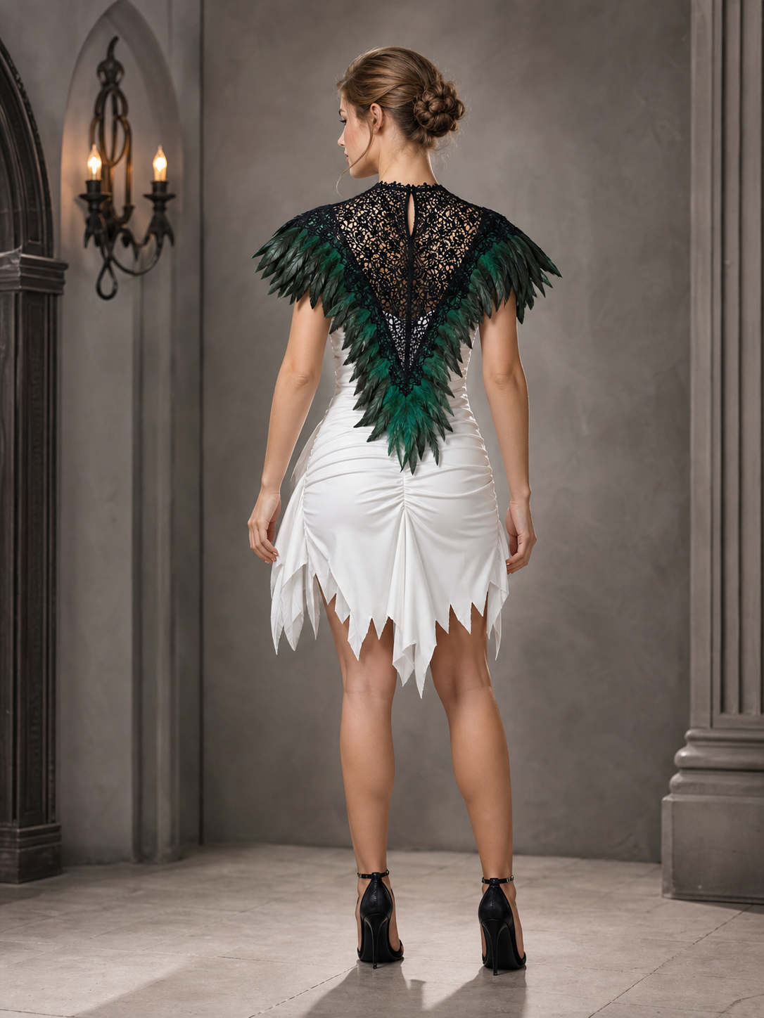 Halloween Costume Cape, Short Shoulder Cape with Green & Gray-Black Feather Trim and Black Lace Front, for Cosplay Role Play Theme Party