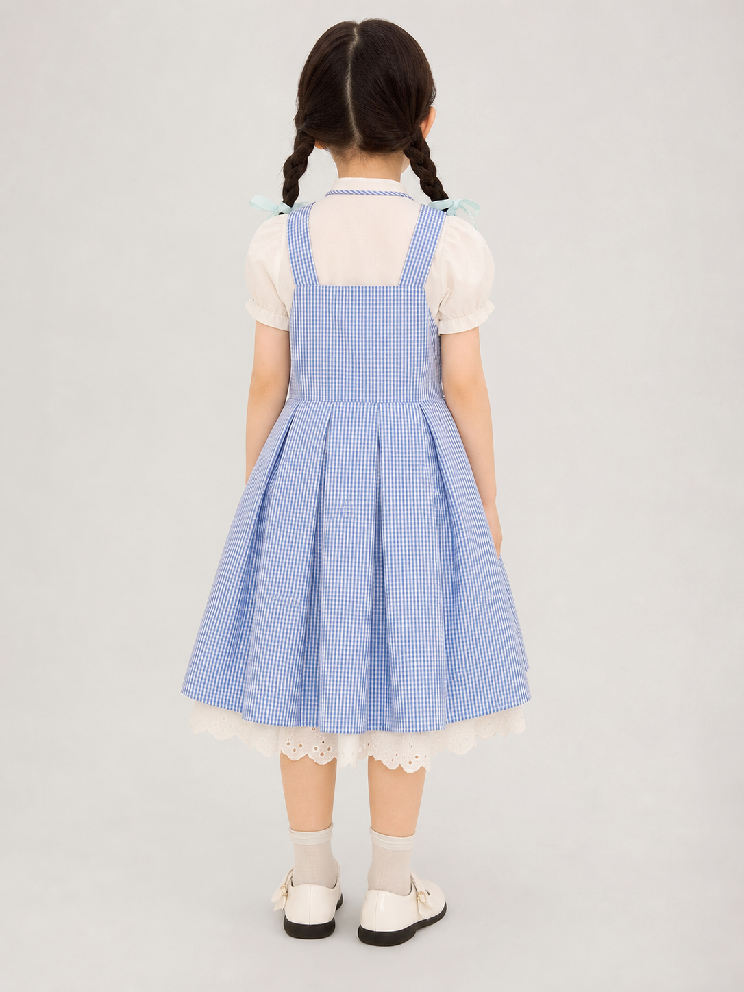 Cosplay Dress with Apron, White-and-Blue Check Pattern