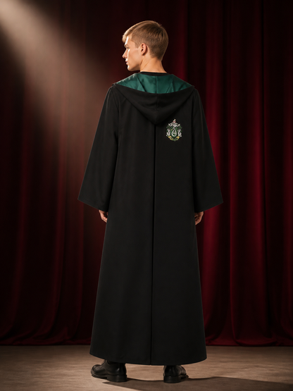 Wizard Robe Costume, Green And Black Hooded Long Cloak With House-Style Badge back view