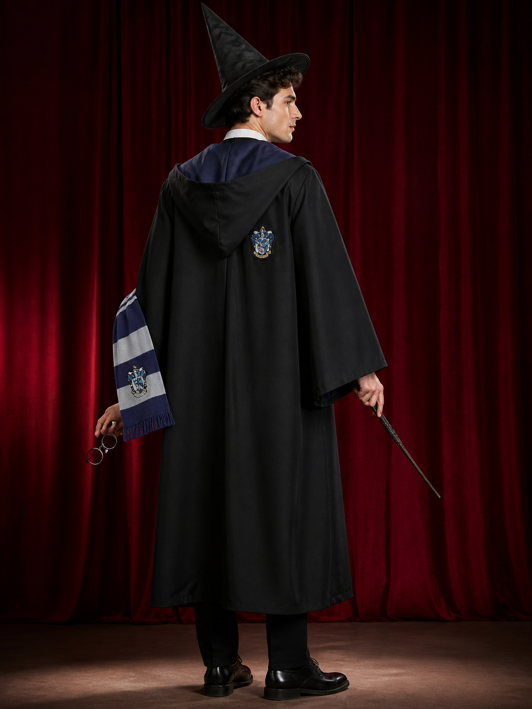 Men's Wizard Costume Set, Hooded Long Robe With Pointed Hat, Glasses, Wand And back view