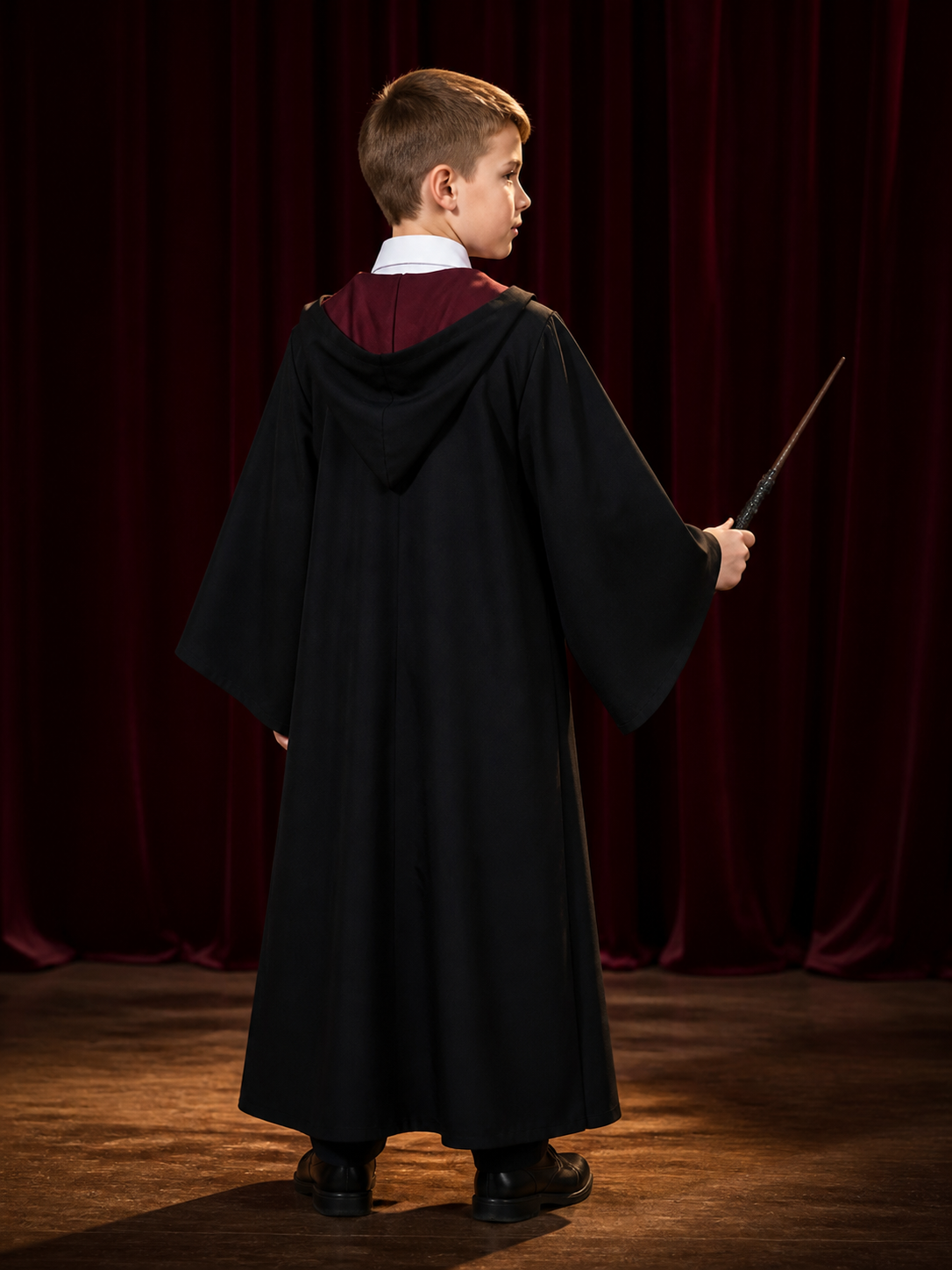 Wizard Robe Costume Set with Wand, Striped Tie and Chest Badge back view