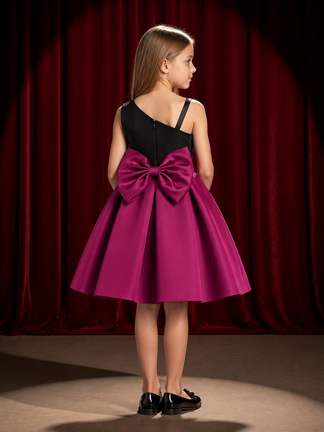 Girls' Princess Dress, Sleeveless Colorblock Formal Gown With Oversized Bow back view