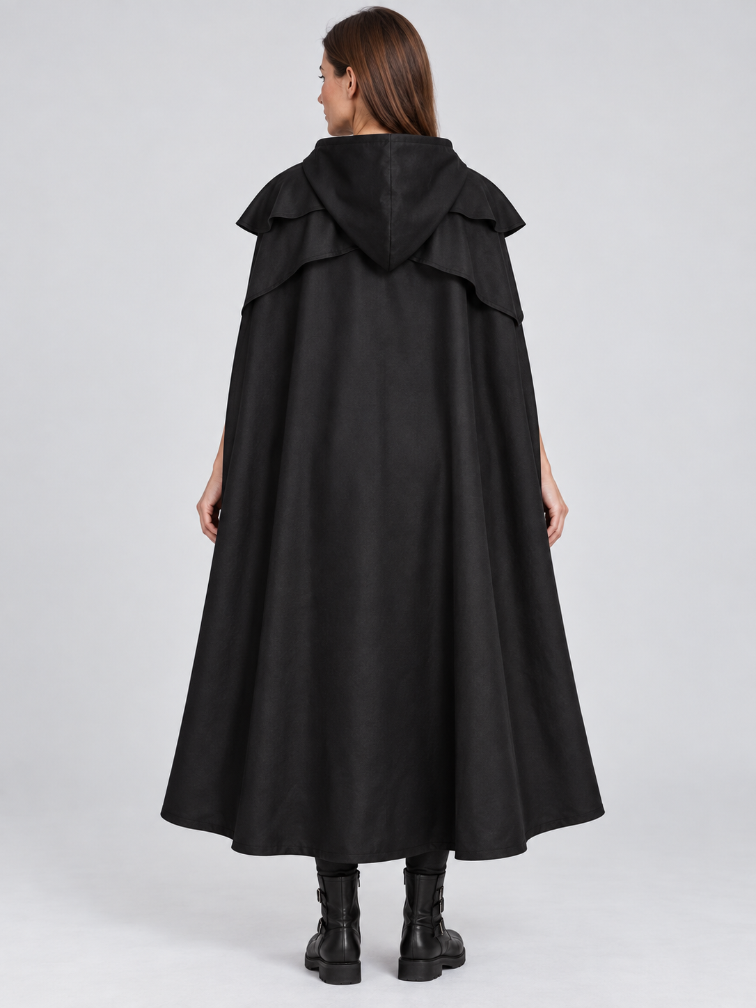 Long Black Hooded Cloak with Capelet