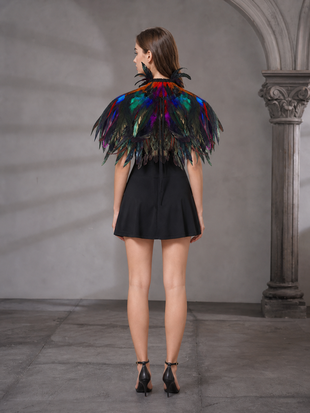 Halloween Costume, Multicolor Feather Cape, 3-Layer Feather Shawl with Upright Collar and Center Tie, Open Front Shoulder Wrap for Stage Performance