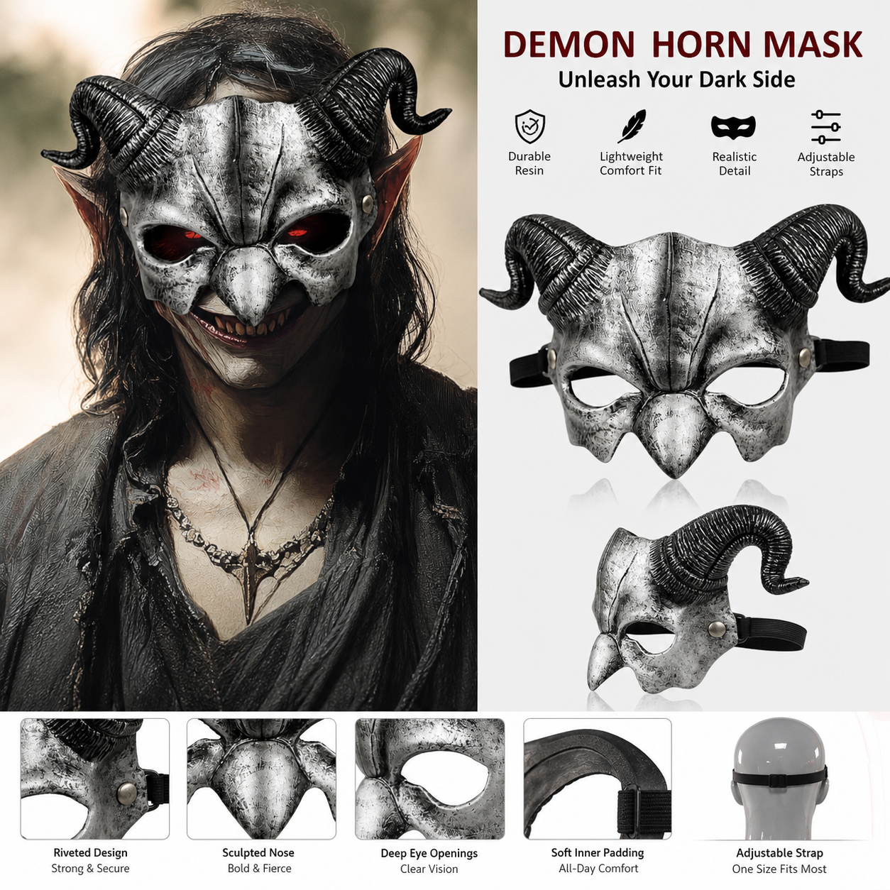 1pc Halloween Devil Half Face Mask with Curled Horns, Red Eye Accents for Cosplay Party