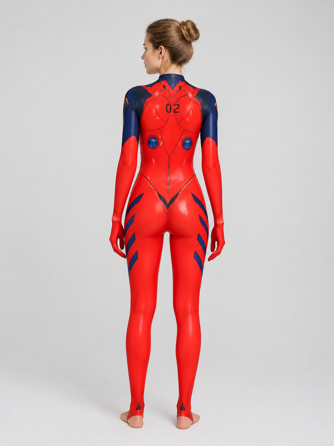 Figure 02 Red and Blue Form-Fitting Jumpsuit back view