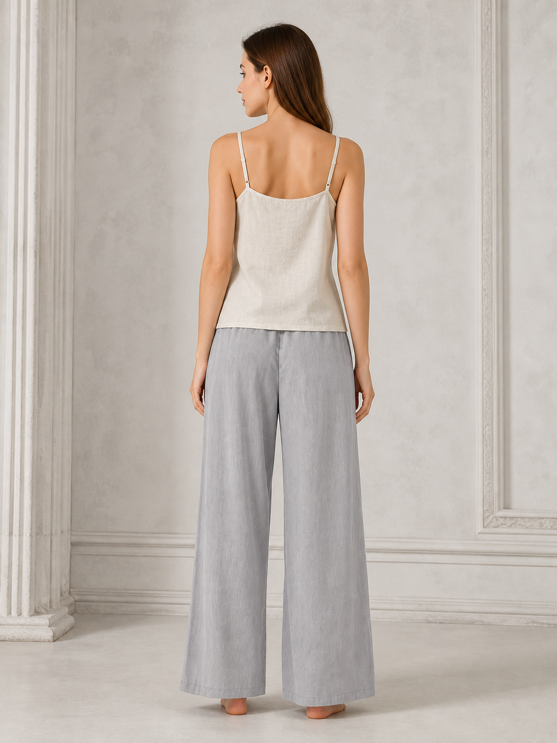 Gray wide-leg jeans with a drawstring and elastic waistband back view 5
