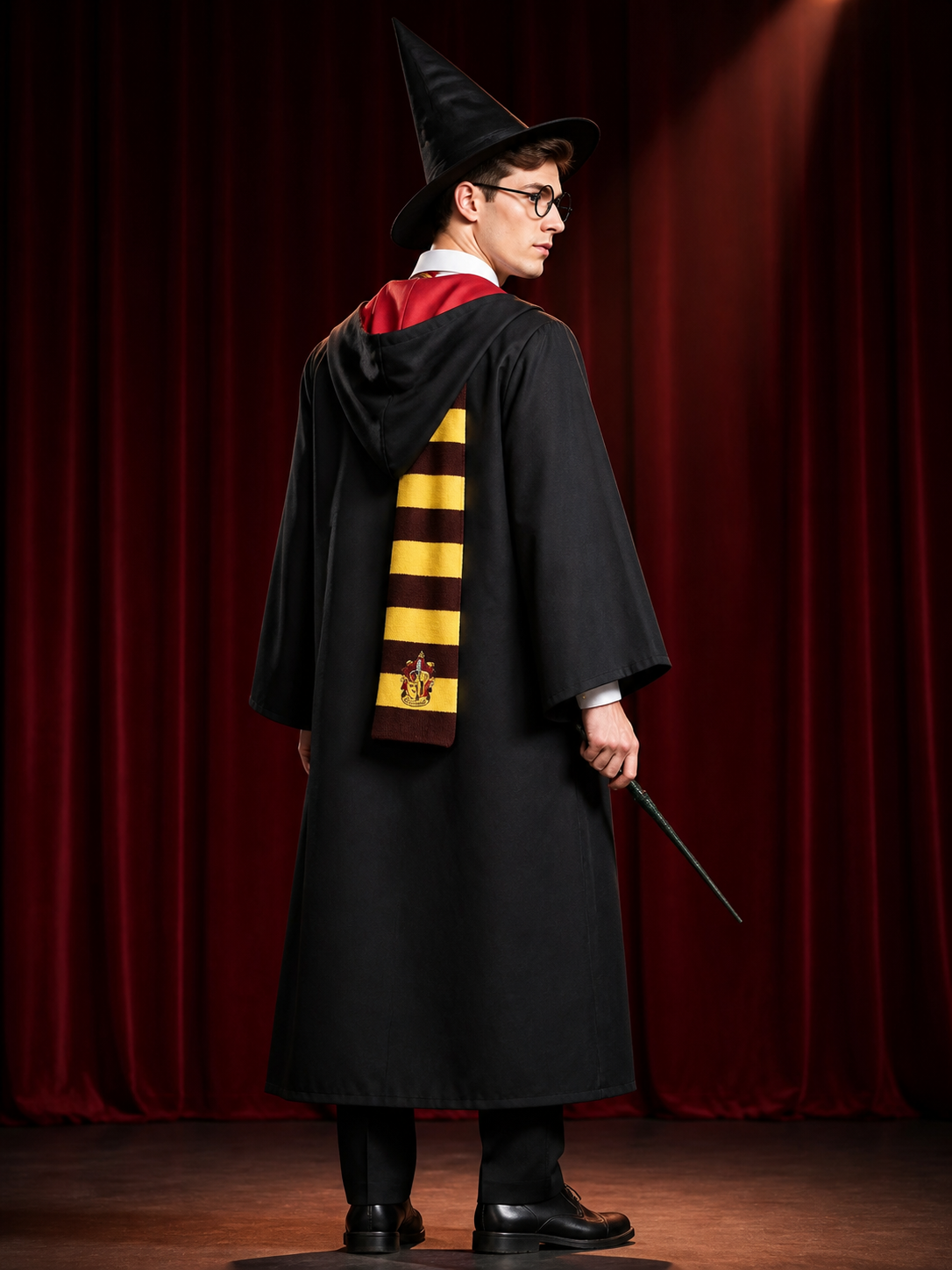 Wizard Costume Set With Robe, Hat, Scarf, Glasses, Tie And Wand back view