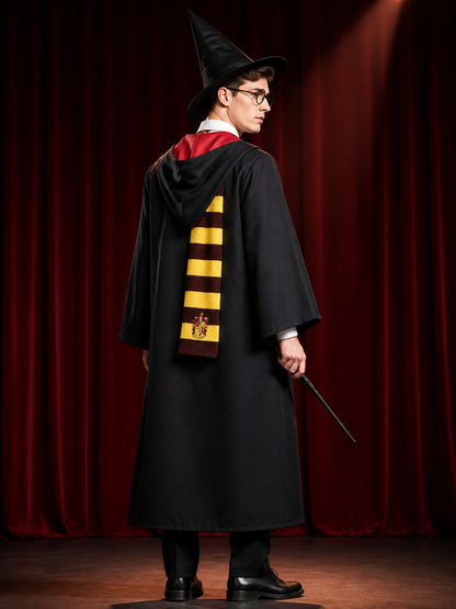 Wizard Costume Set With Robe, Hat, Scarf, Glasses, Tie And Wand back view