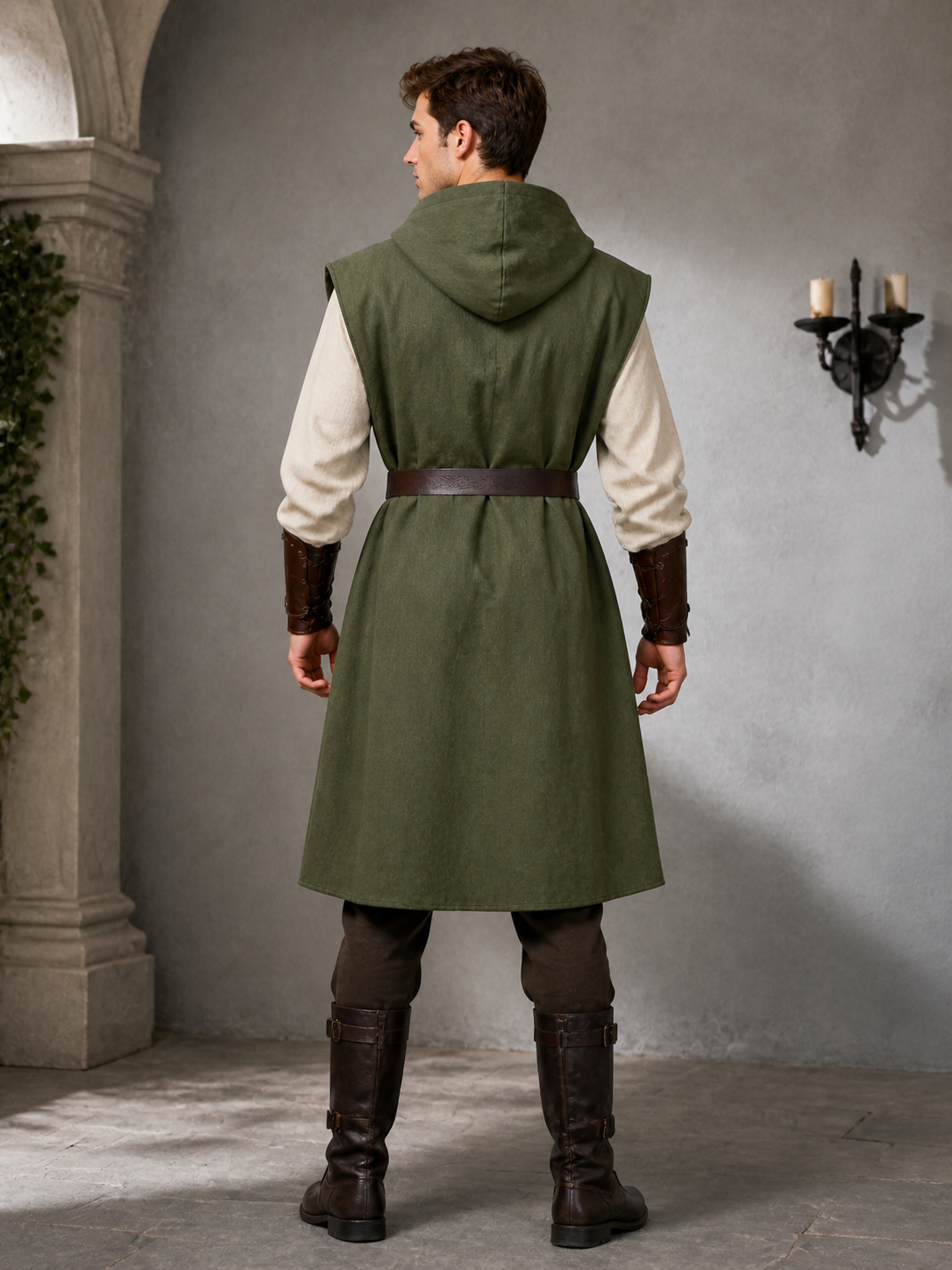 Medieval Fantasy Role Play Costume Set, 2-Piece Olive Green Hooded Sleeveless back view 2