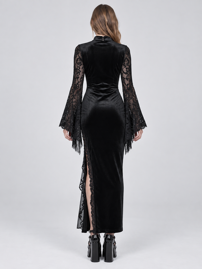 Gothic Black Lace Dress with High Slit