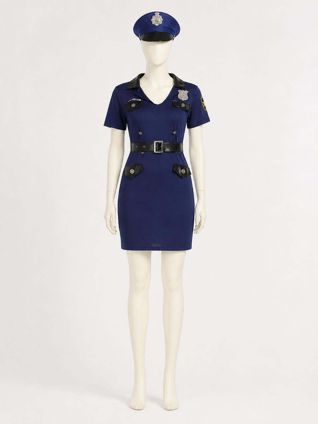Women's Police Costume Dress Set With Hat And Belt, Short Sleeve Halloween back view