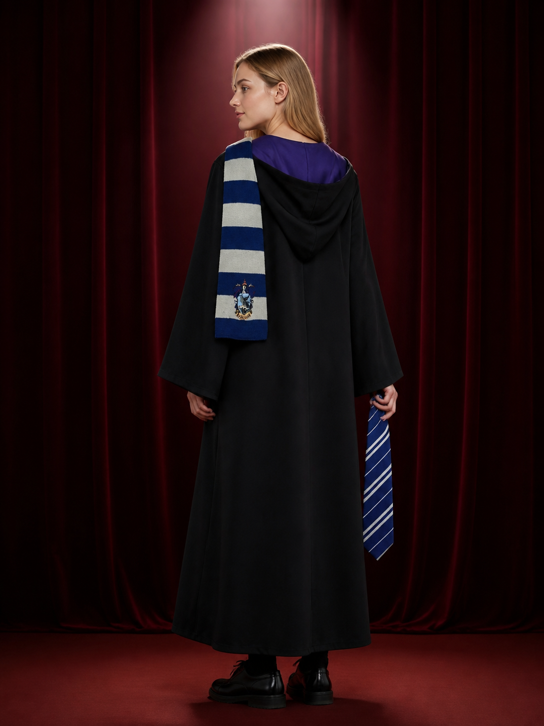 Ravenclaw Hooded Wizard Robe Costume Set with Striped Tie and Scarf, Halloween