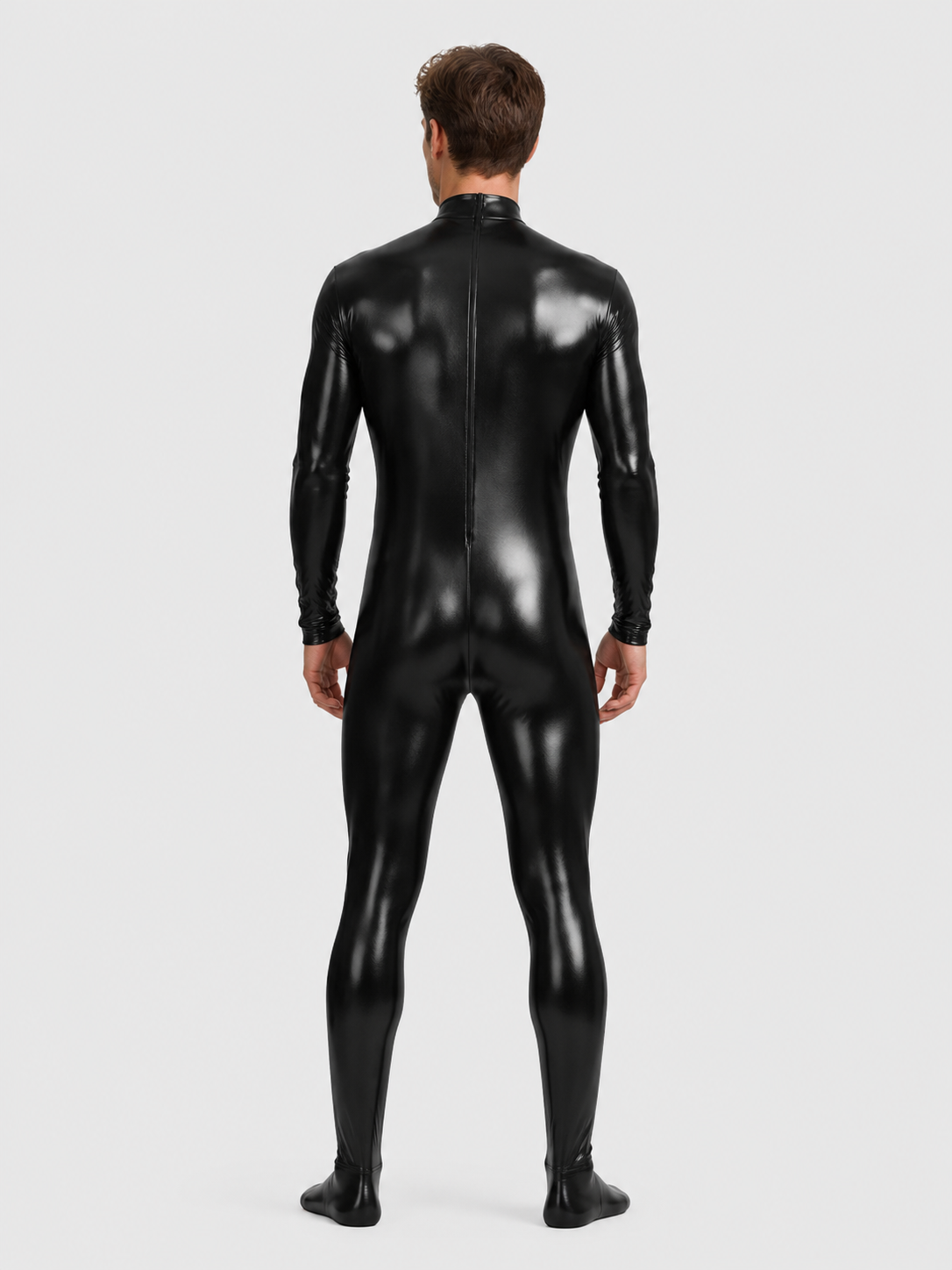 Black Glossy Form-Fitting Jumpsuit with Zipper for Stage back view