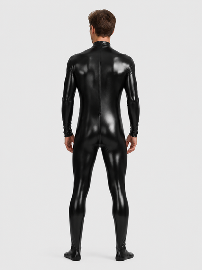 Black Glossy Form-Fitting Jumpsuit with Zipper for Stage back view