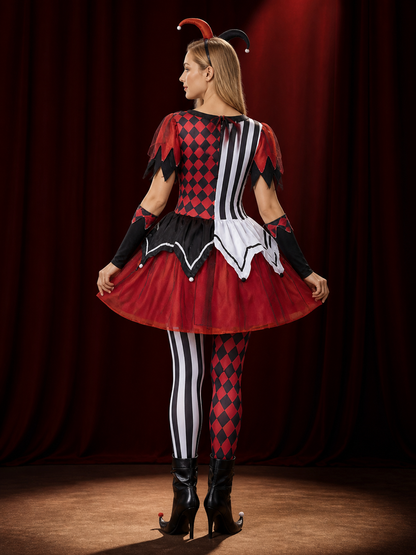 Women's Red Black White Clown Circus Dress Costume, Balloon Accent Tutu Skirt back view