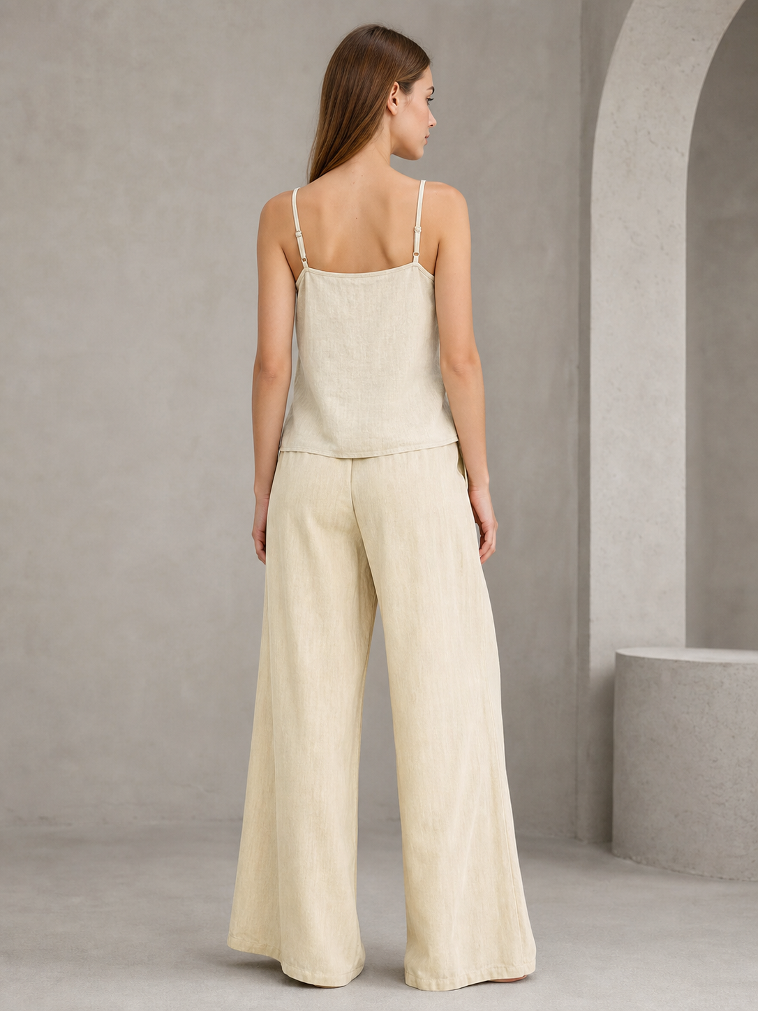Beige Wide-Leg Pants with an Elastic Waistband and Drawstring back view 3