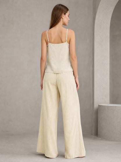 Beige Wide-Leg Pants with an Elastic Waistband and Drawstring back view 3
