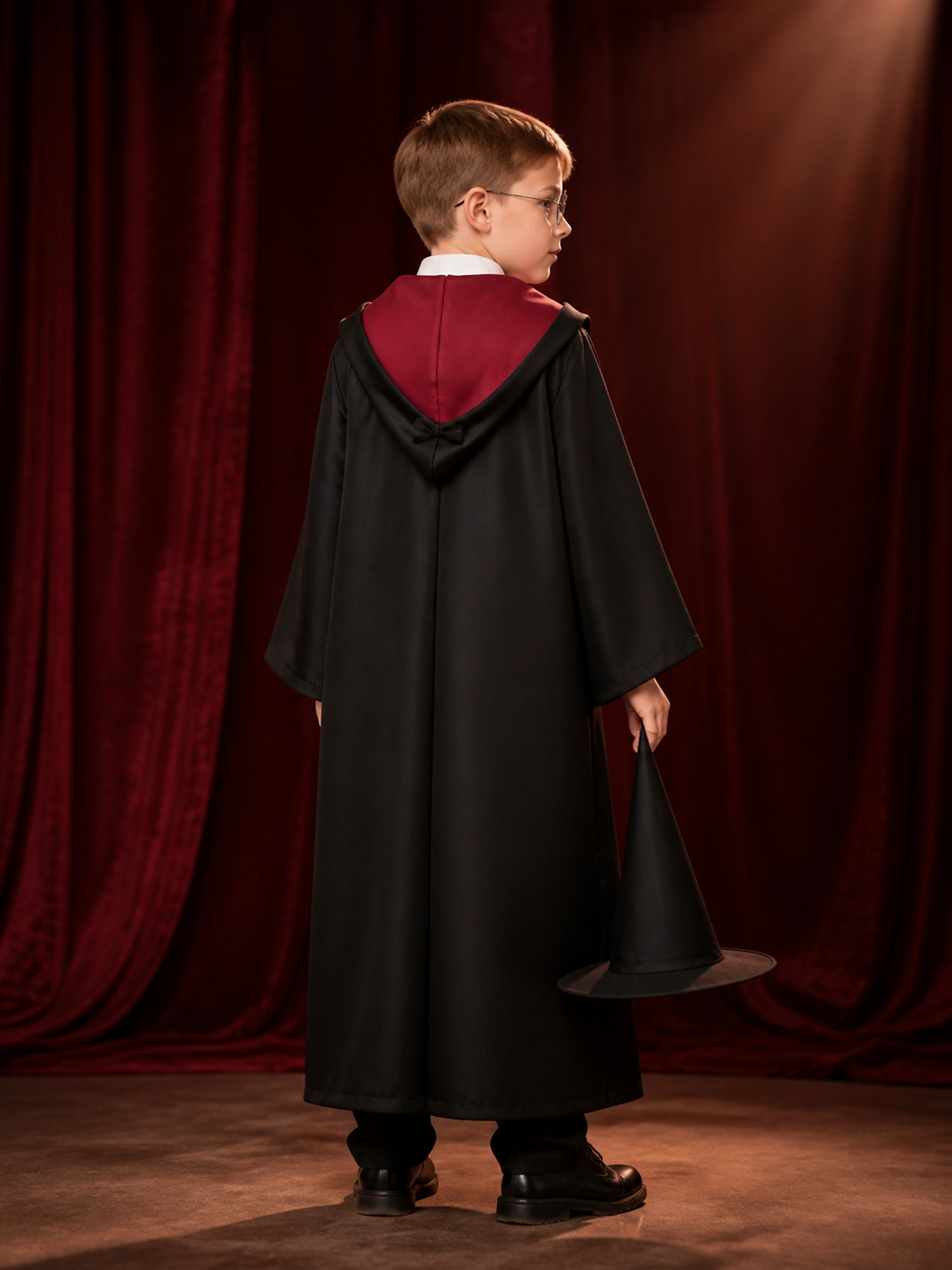 Kids Wizard Robe Costume Set, Hooded Black Cloak With Pointed Hat and Glasses back view
