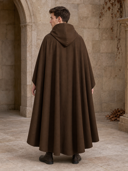 Medieval Fantasy Hooded Cloak, Deep Brown Long Draped Cape with Overlapping Front and Pointed Hem for Role Play, Stage Styling and Outdoor Wear