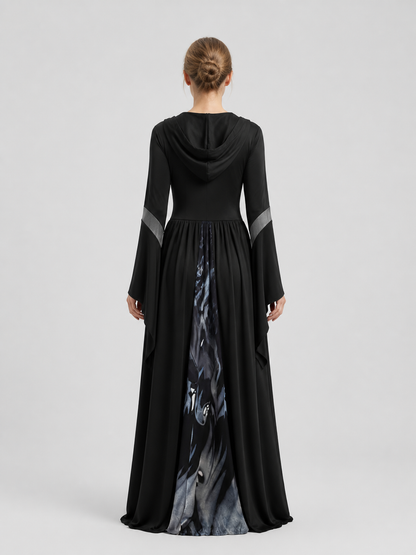Halloween Witch Dress with Hood and Skeleton Design back view