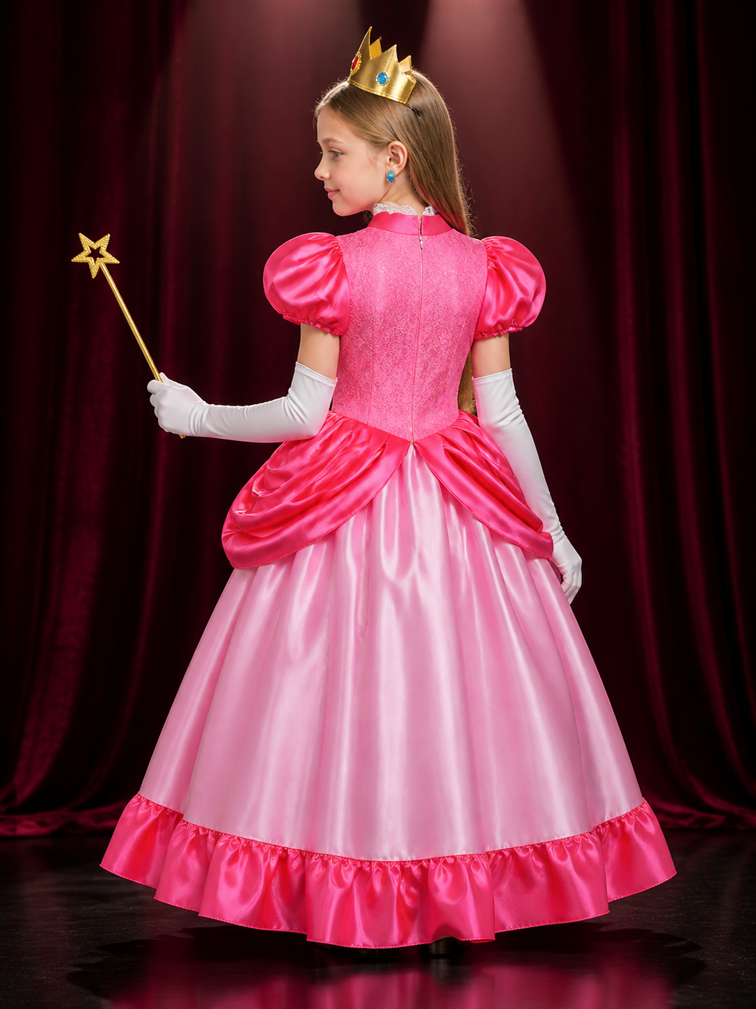 Girls Princess Costume Set with Crown and Wand, Pink Lace Ball Gown for back view