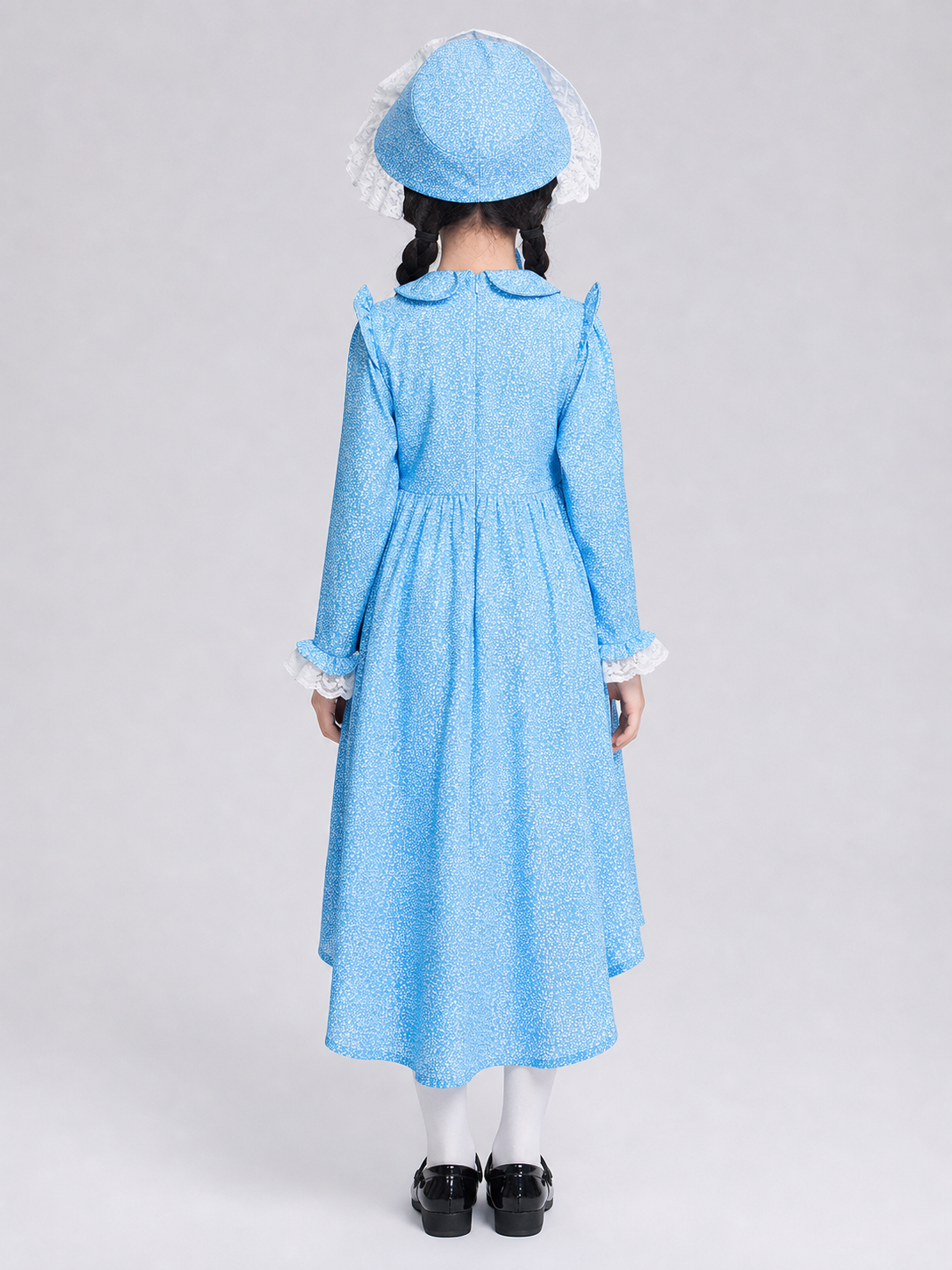 Blue Dress with White Ruffles and Bow, Long Sleeves