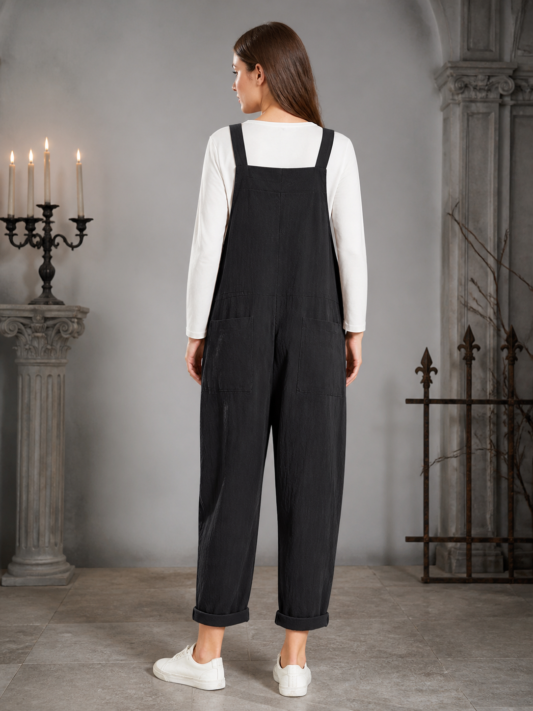 Black Bib Overalls, Loose Fit Long Pants with Chest and Side Pockets, Folded back view 2