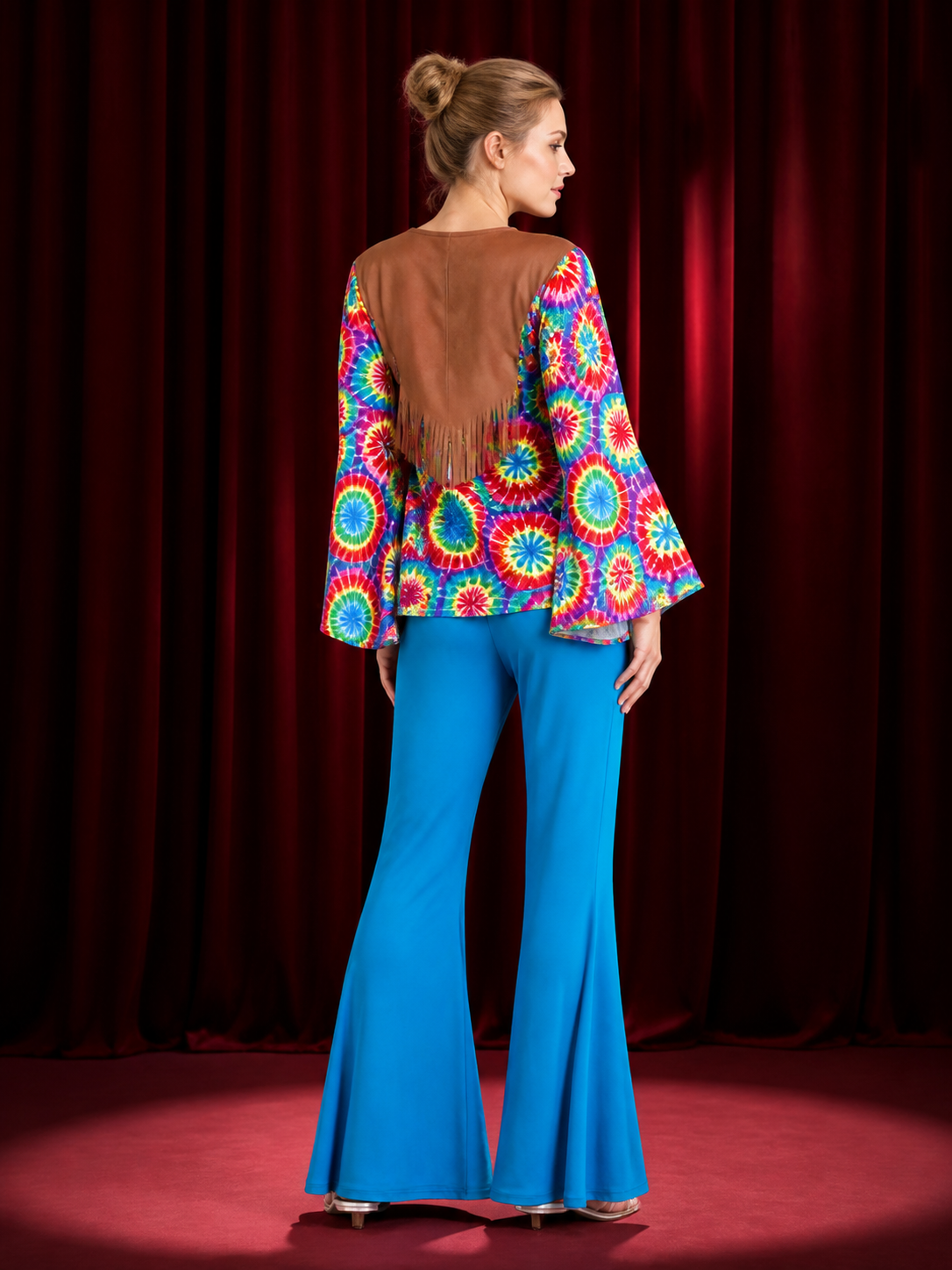 Retro Hippie Tie-Dye Fringe Two-Piece Costume Set With Bell-Bottom Pants back view