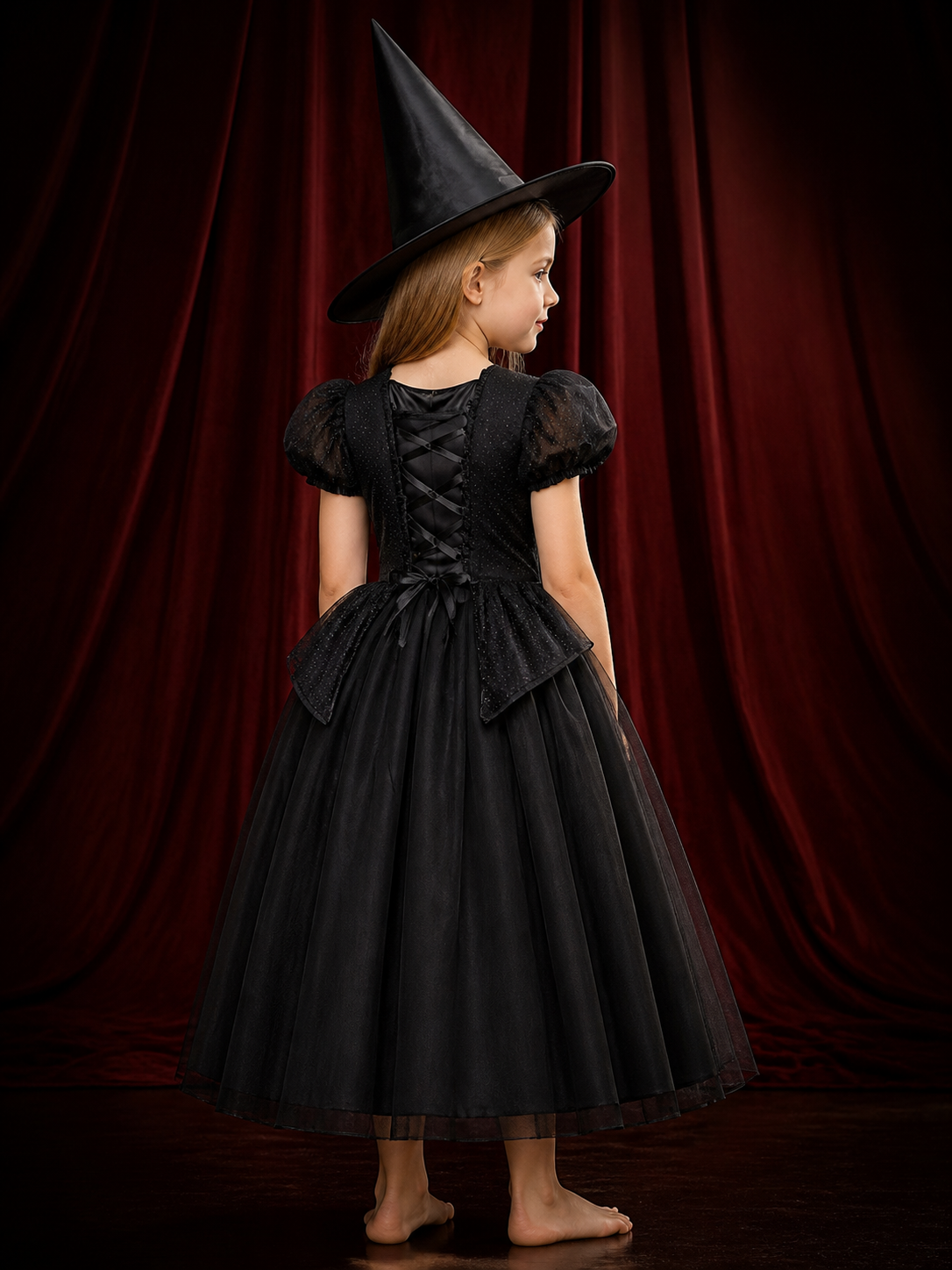 Kids' Witch Costume Dress Set with Hat, Black Puff-Sleeve Halloween Outfit back view
