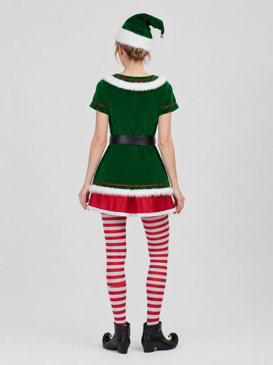 Christmas Elf Costume, Dress with White Fur Trim back view
