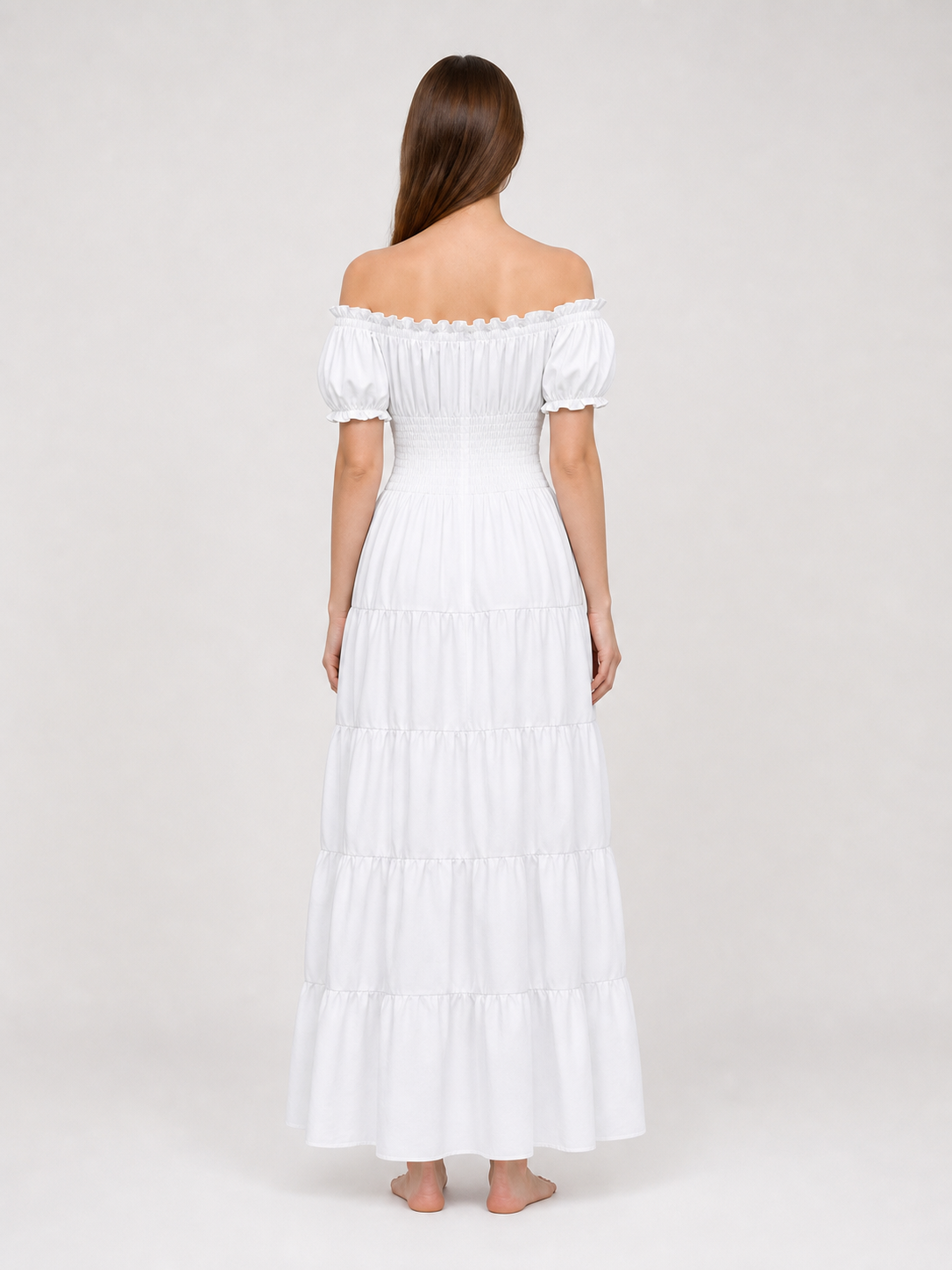 White Off-the-Shoulder Dress with Tiered Skirt