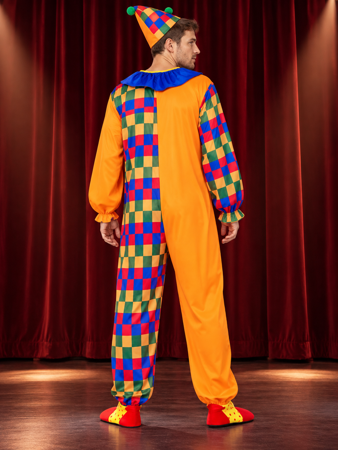Adult Clown Costume, Orange Jumpsuit, Hat