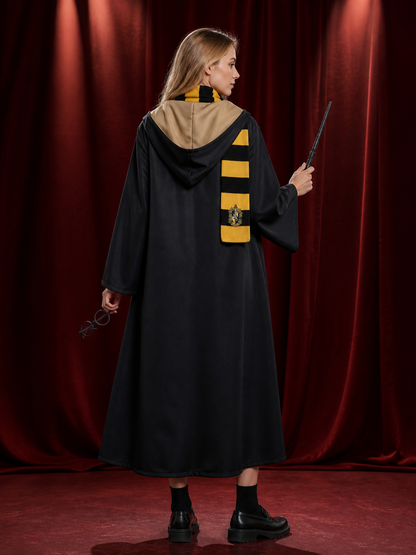 Hufflepuff Wizard Costume Set with Robe, Scarf, Tie, Glasses and Wand - Black back view