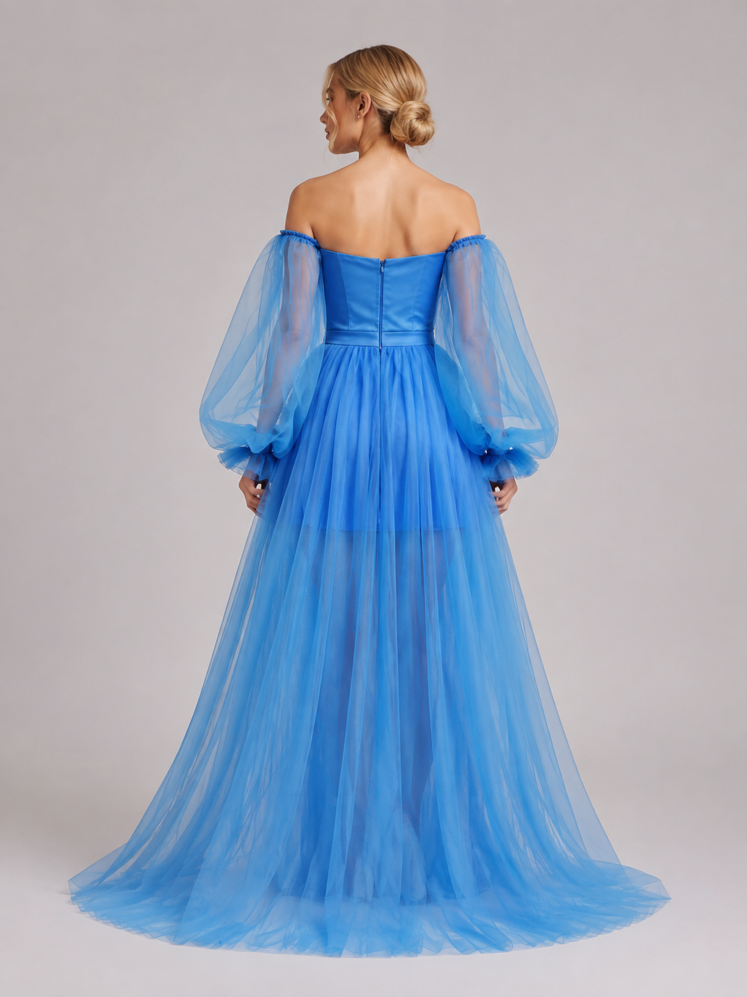 Blue Floor-Length Dress with a Corset Bodice back view
