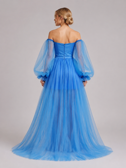 Blue Floor-Length Dress with a Corset Bodice back view