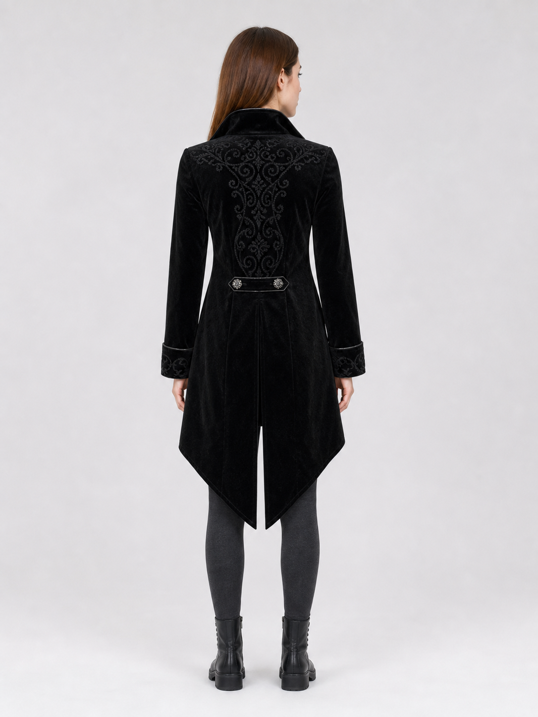 Black embroidered coat with a stand-up collar and pointed tails