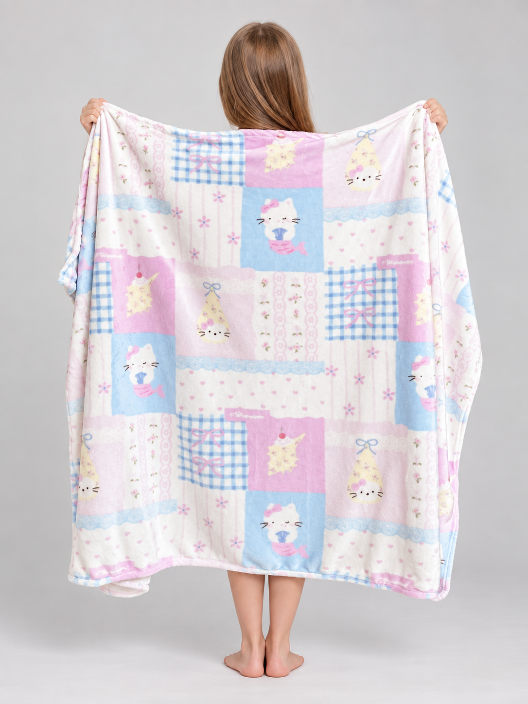 Reversible Fleece Blanket with Kittens and Bows, Pastel