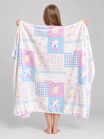 Reversible Fleece Blanket with Kittens and Bows, Pastel