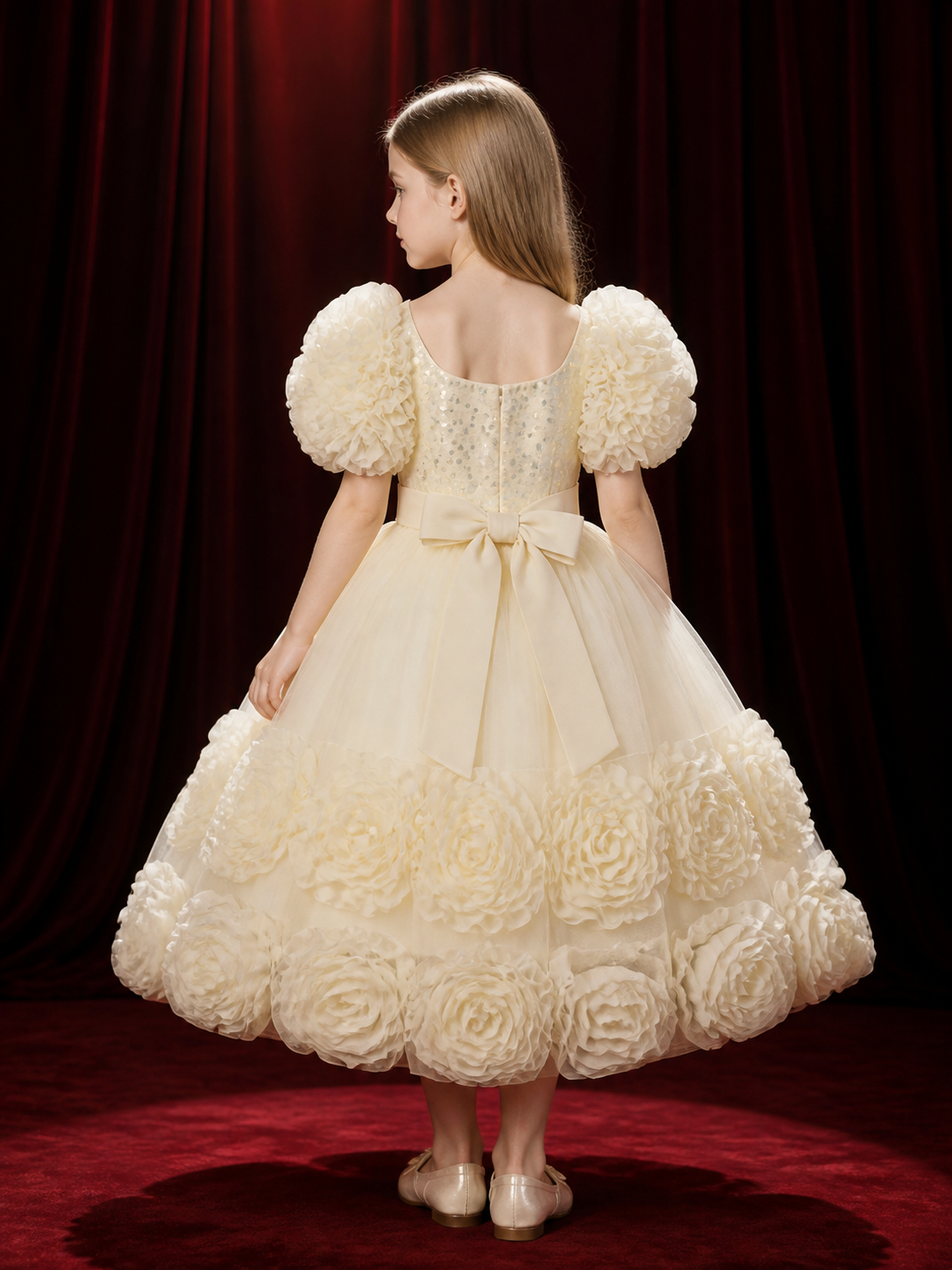 Toddler Girls' Princess Dress with Sequined Bodice, Bow and Ruffled Flower Trim back view