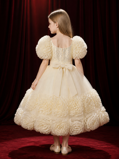 Toddler Girls' Princess Dress with Sequined Bodice, Bow and Ruffled Flower Trim back view