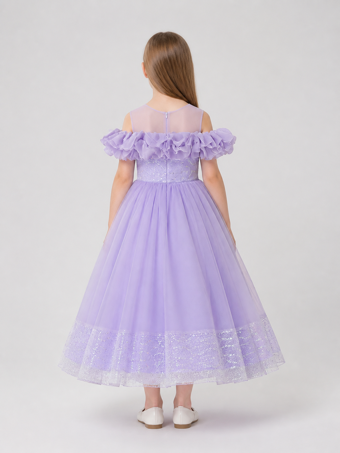 Long, full-length dress made of sequin mesh fabric back view