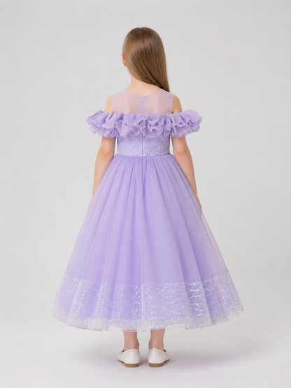 Long, full-length dress made of sequin mesh fabric back view