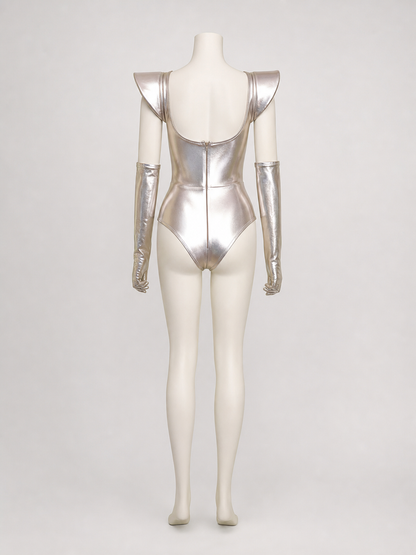 Silver cosplay jumpsuit costume with a heart