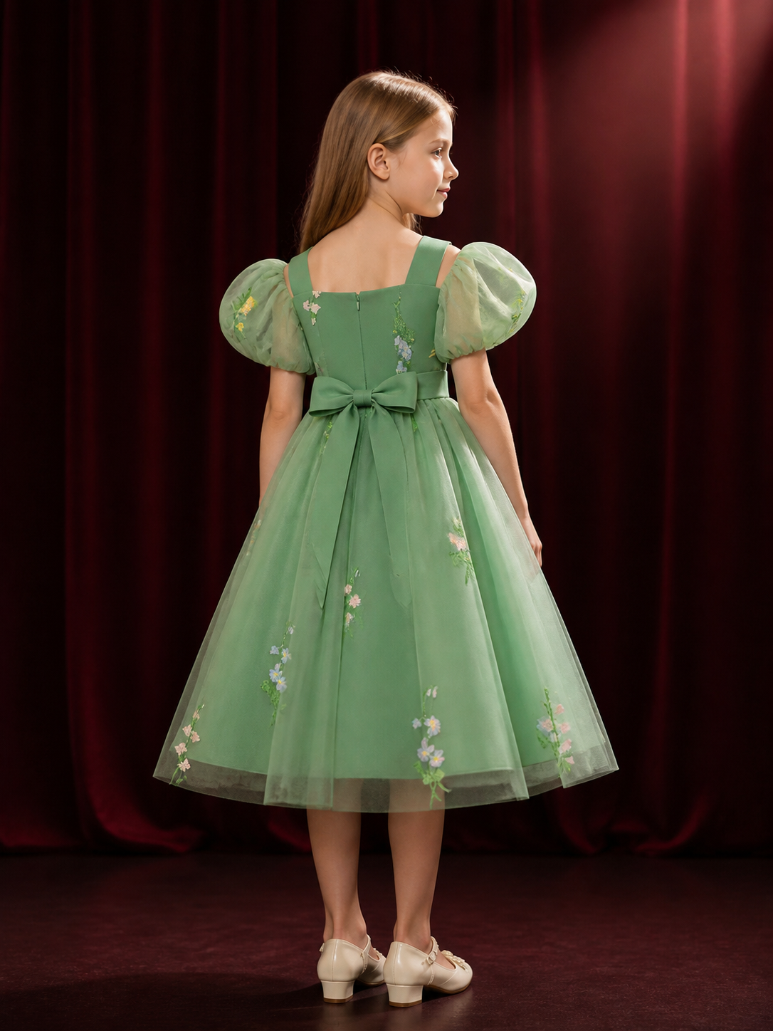 Baby Girls Green Floral Embroidered Puff Sleeve Tulle Princess Dress back view