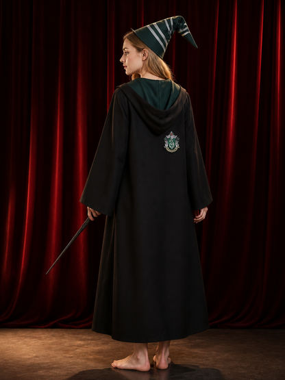 Green Wizard Costume Set with Hooded Robe, Pointed Hat and Wand back view