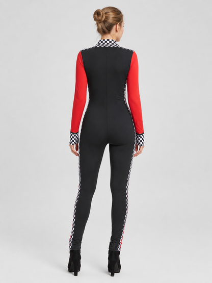 Racing Jumpsuit with Checkerboard Print and Patches back view