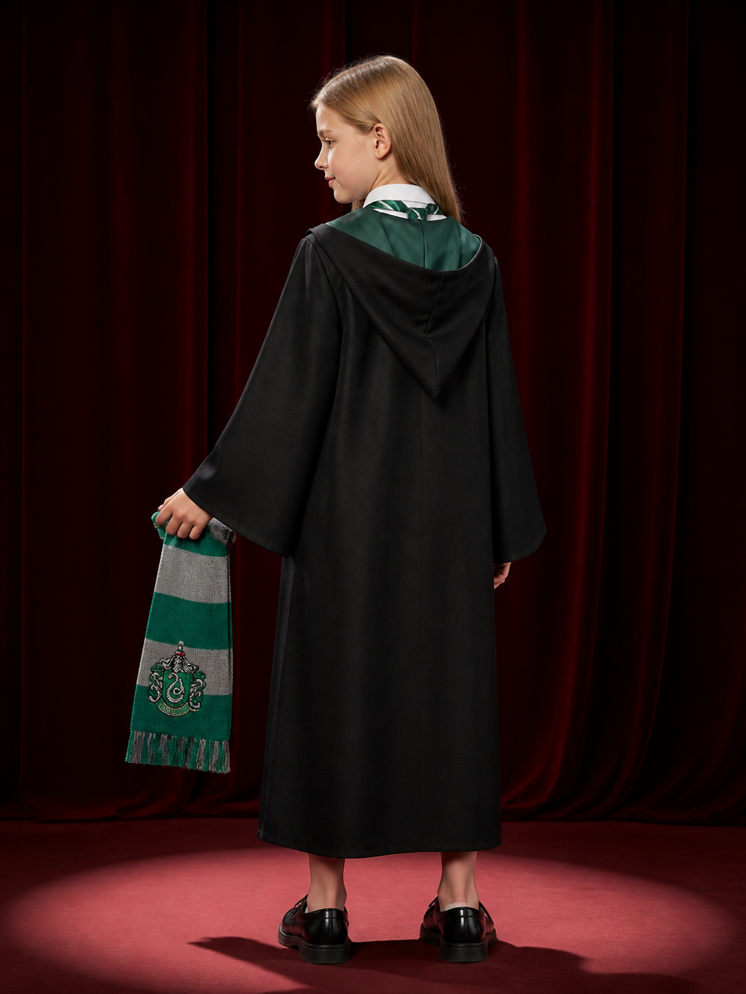 Wizard Robe Costume Set with Hood, Tie and Scarf, Green and Gray Striped back view